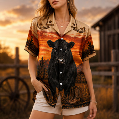 HW-533-Black Bull Desert Sunset Satin Hawaiian Shirt Western Country Ranch Button Up Apparel