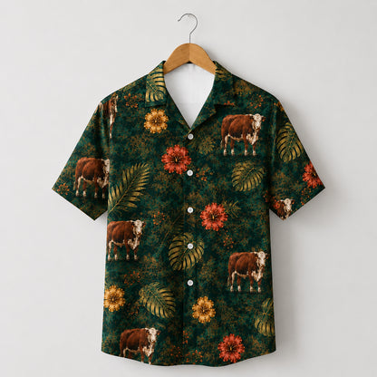 HW-534-Brown Cow Tropical Floral Satin Hawaiian Shirt Dark Green Jungle Botanical Button Up Vacation Apparel