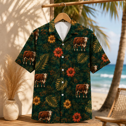 HW-534-Brown Cow Tropical Floral Satin Hawaiian Shirt Dark Green Jungle Botanical Button Up Vacation Apparel