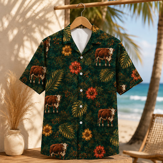 HW-534-Brown Cow Tropical Floral Satin Hawaiian Shirt Dark Green Jungle Botanical Button Up Vacation Apparel