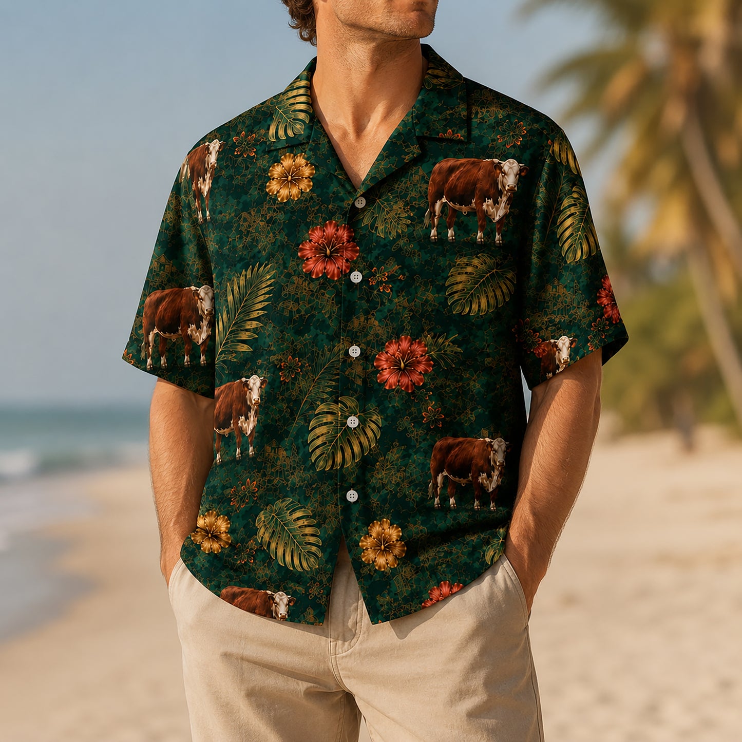 HW-534-Brown Cow Tropical Floral Satin Hawaiian Shirt Dark Green Jungle Botanical Button Up Vacation Apparel