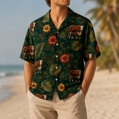 HW-534-Brown Cow Tropical Floral Satin Hawaiian Shirt Dark Green Jungle Botanical Button Up Vacation Apparel