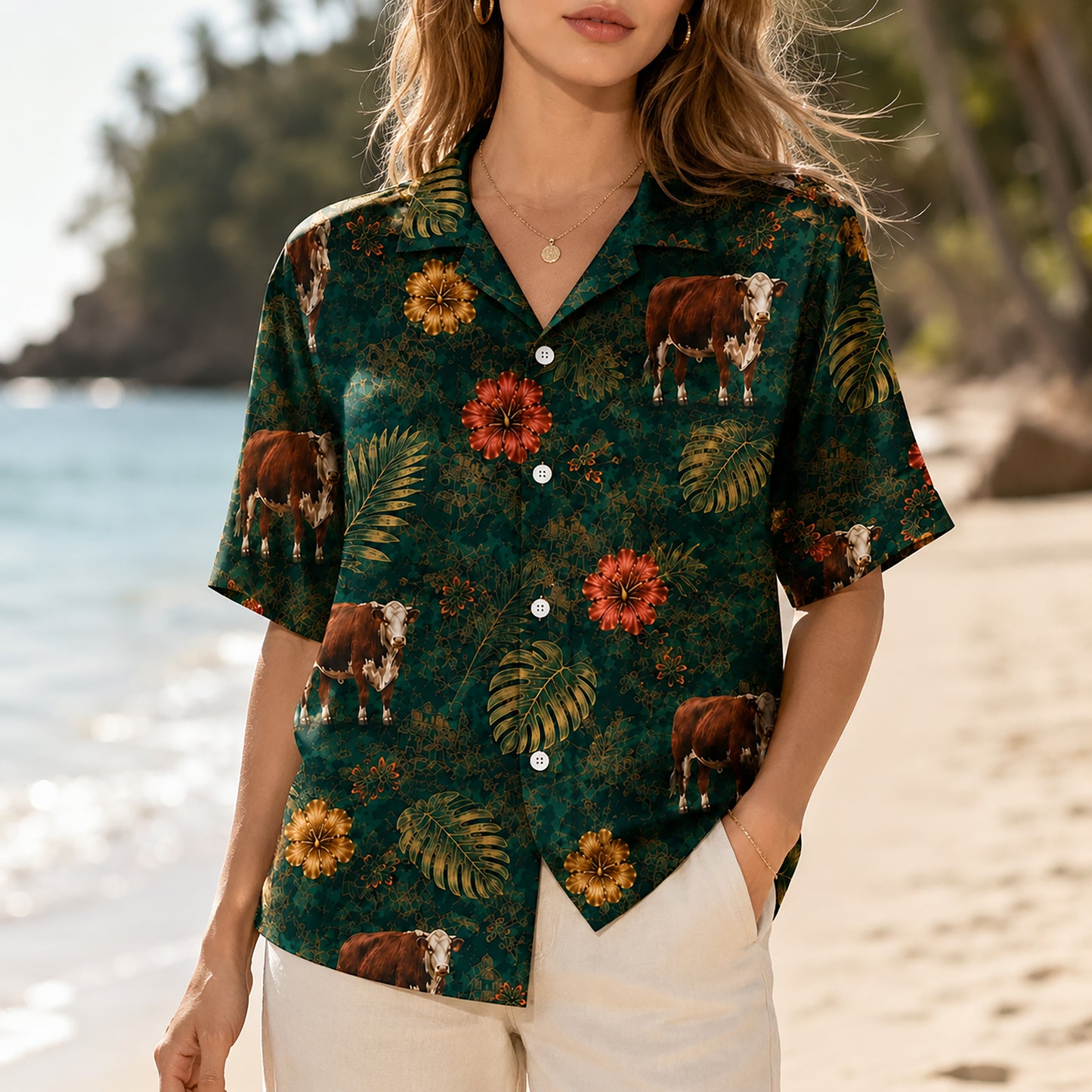 HW-534-Brown Cow Tropical Floral Satin Hawaiian Shirt Dark Green Jungle Botanical Button Up Vacation Apparel