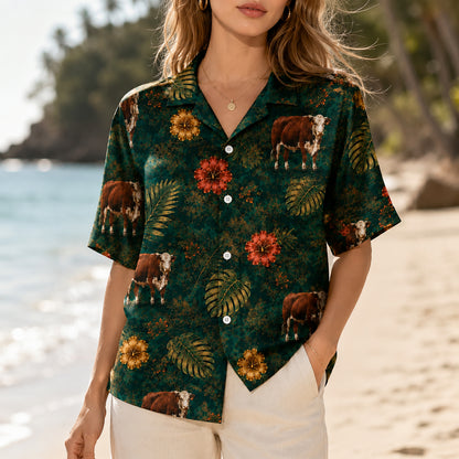 HW-534-Brown Cow Tropical Floral Satin Hawaiian Shirt Dark Green Jungle Botanical Button Up Vacation Apparel