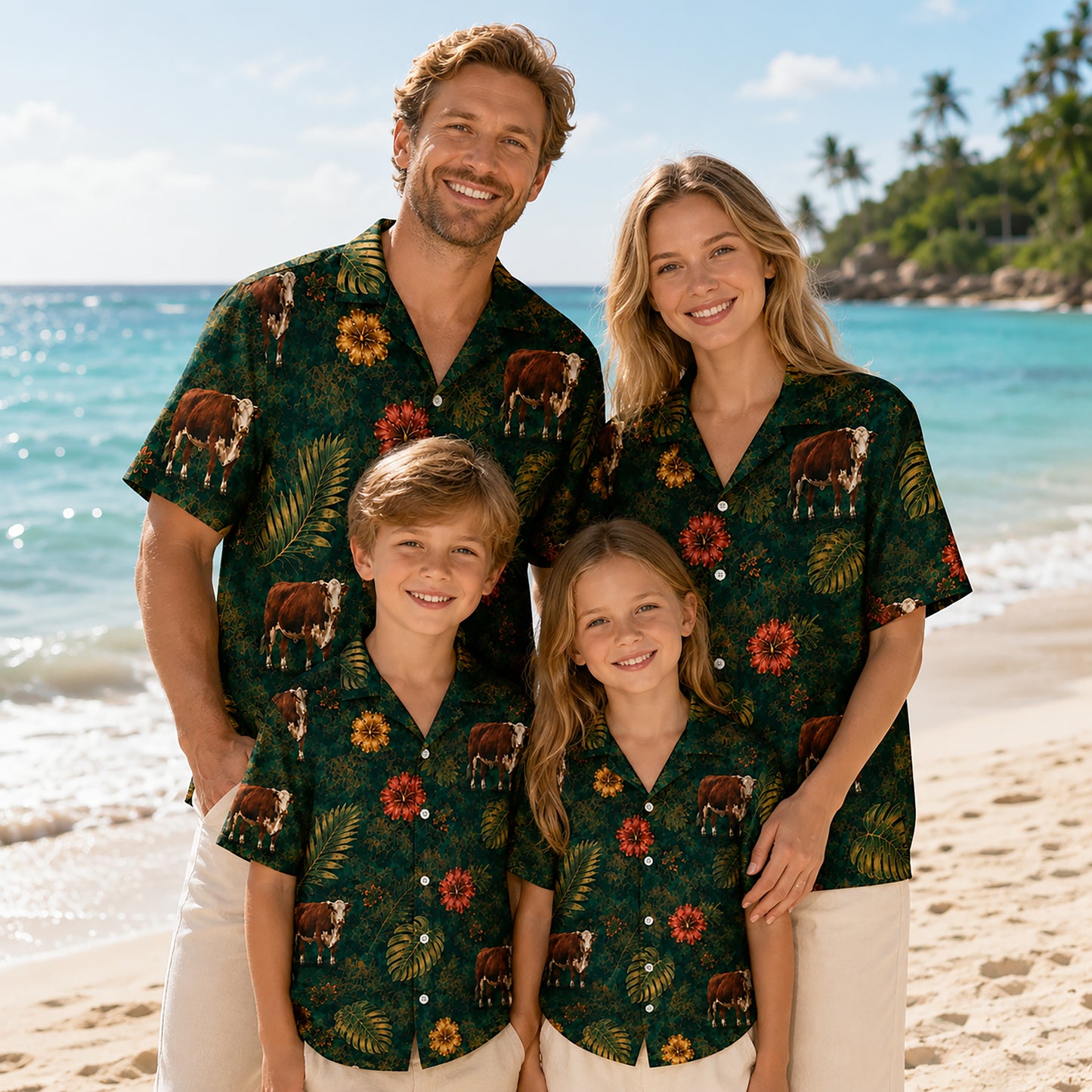 HW-534-Brown Cow Tropical Floral Satin Hawaiian Shirt Dark Green Jungle Botanical Button Up Vacation Apparel