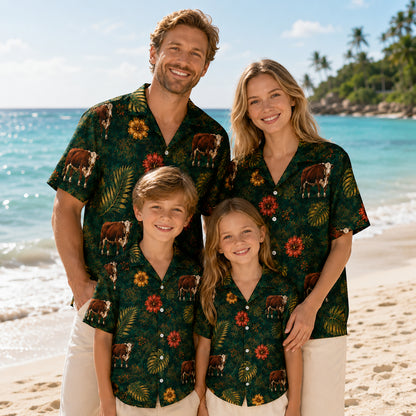 HW-534-Brown Cow Tropical Floral Satin Hawaiian Shirt Dark Green Jungle Botanical Button Up Vacation Apparel