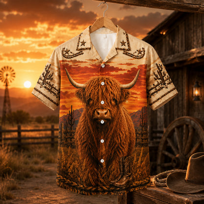 HW-535-Highland Cow Desert Sunset Satin Hawaiian Shirt Western Ranch Cowboy Button Up Apparel