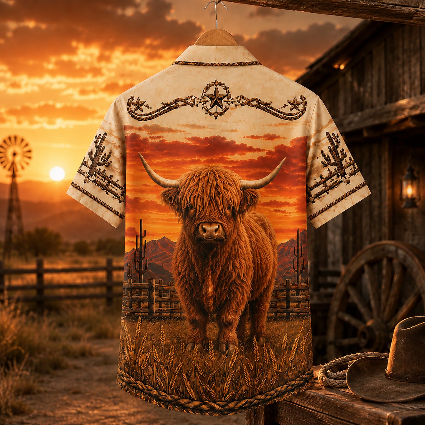 HW-535-Highland Cow Desert Sunset Satin Hawaiian Shirt Western Ranch Cowboy Button Up Apparel