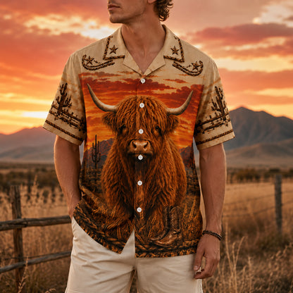 HW-535-Highland Cow Desert Sunset Satin Hawaiian Shirt Western Ranch Cowboy Button Up Apparel