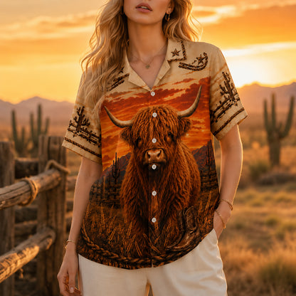 HW-535-Highland Cow Desert Sunset Satin Hawaiian Shirt Western Ranch Cowboy Button Up Apparel