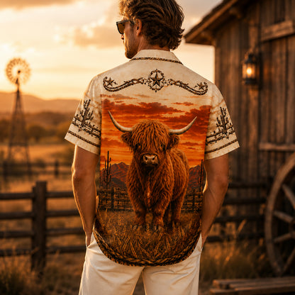 HW-535-Highland Cow Desert Sunset Satin Hawaiian Shirt Western Ranch Cowboy Button Up Apparel