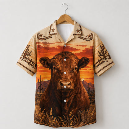 HW-536-Brown Bull Desert Sunset Satin Hawaiian Shirt Western Ranch Rodeo Button Up Apparel