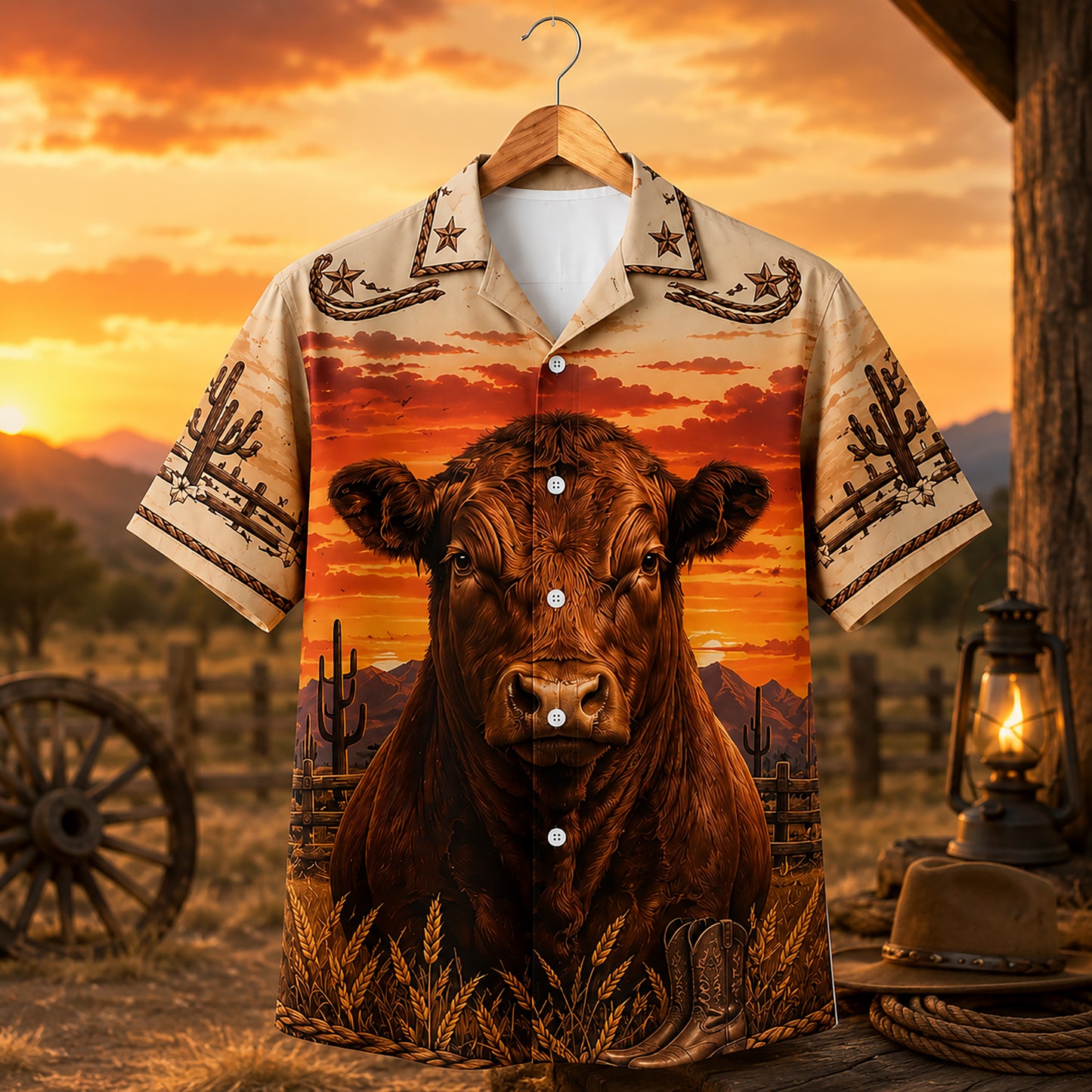HW-536-Brown Bull Desert Sunset Satin Hawaiian Shirt Western Ranch Rodeo Button Up Apparel