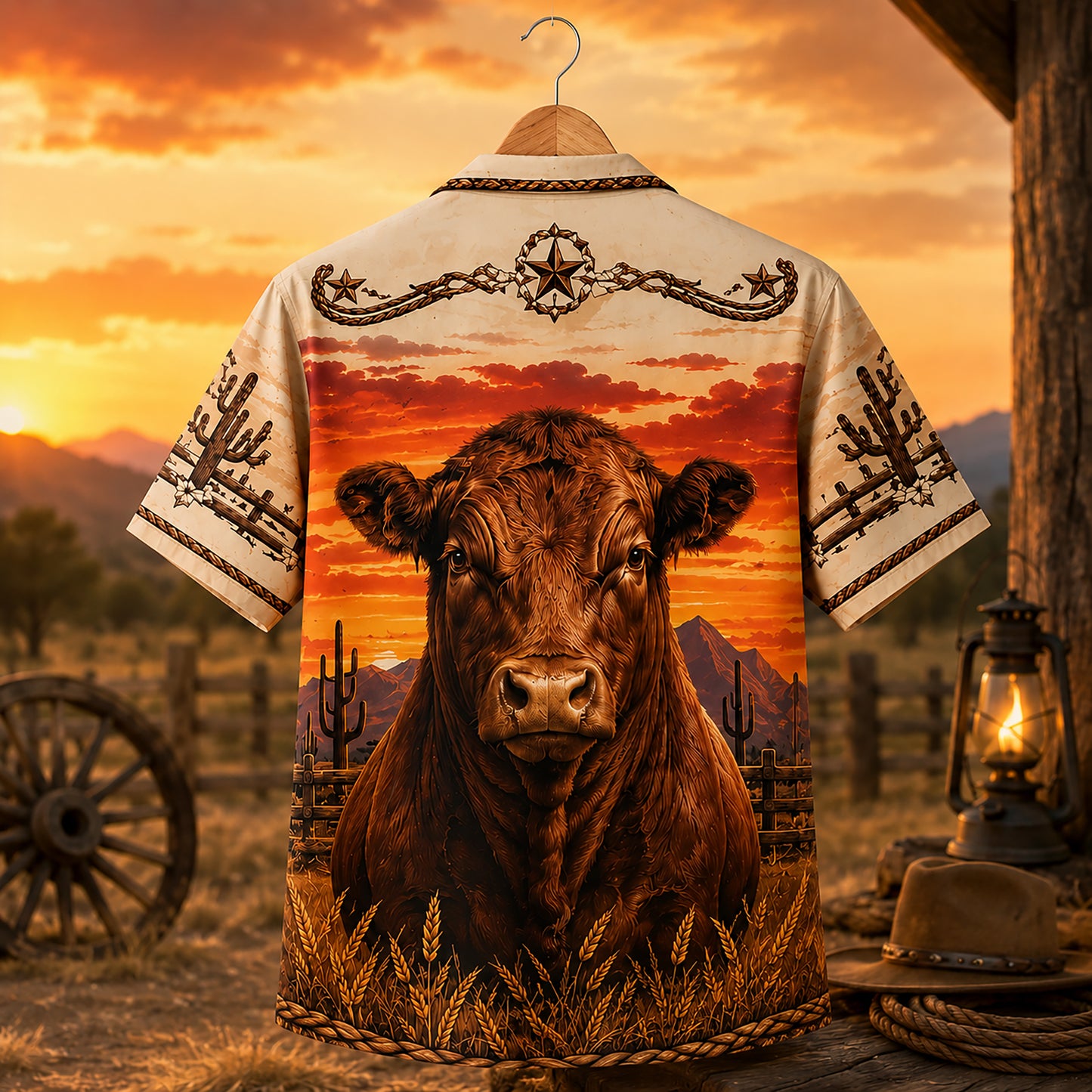 HW-536-Brown Bull Desert Sunset Satin Hawaiian Shirt Western Ranch Rodeo Button Up Apparel