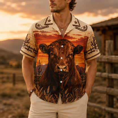HW-536-Brown Bull Desert Sunset Satin Hawaiian Shirt Western Ranch Rodeo Button Up Apparel