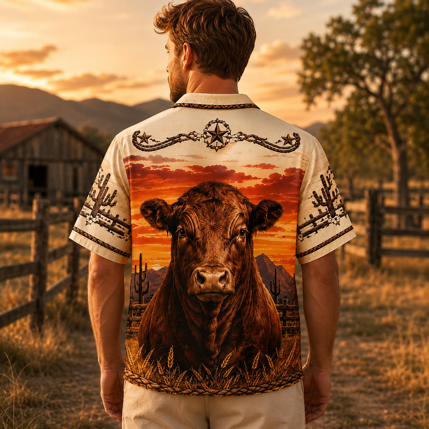 HW-536-Brown Bull Desert Sunset Satin Hawaiian Shirt Western Ranch Rodeo Button Up Apparel