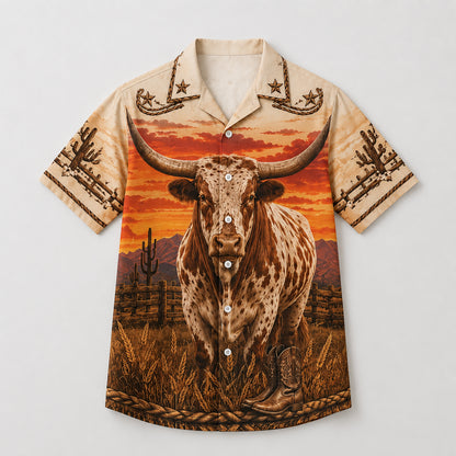 HW-537-Spotted Texas Bull Desert Sunset Satin Hawaiian Shirt Western Cowboy Ranch Button Up Apparel