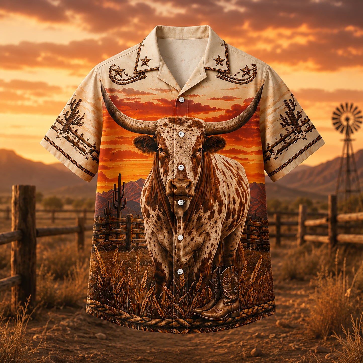 HW-537-Spotted Texas Bull Desert Sunset Satin Hawaiian Shirt Western Cowboy Ranch Button Up Apparel
