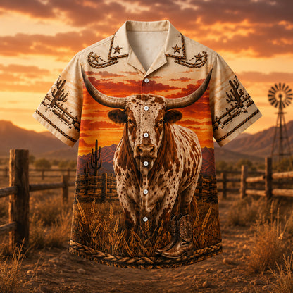 HW-537-Spotted Texas Bull Desert Sunset Satin Hawaiian Shirt Western Cowboy Ranch Button Up Apparel
