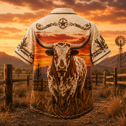 HW-537-Spotted Texas Bull Desert Sunset Satin Hawaiian Shirt Western Cowboy Ranch Button Up Apparel
