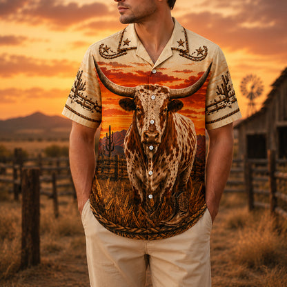 HW-537-Spotted Texas Bull Desert Sunset Satin Hawaiian Shirt Western Cowboy Ranch Button Up Apparel