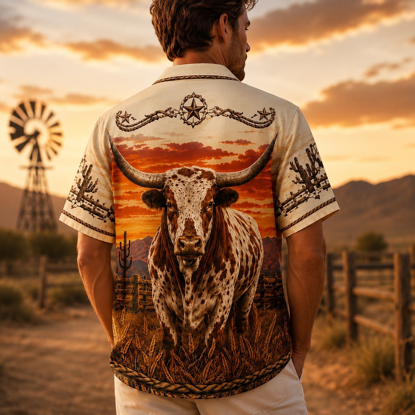 HW-537-Spotted Texas Bull Desert Sunset Satin Hawaiian Shirt Western Cowboy Ranch Button Up Apparel