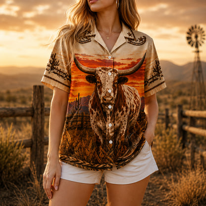 HW-537-Spotted Texas Bull Desert Sunset Satin Hawaiian Shirt Western Cowboy Ranch Button Up Apparel