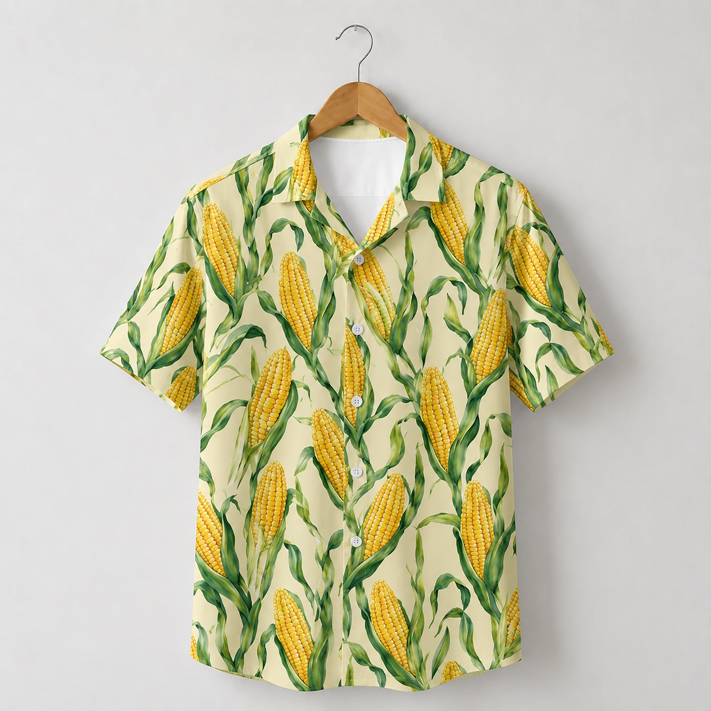 HW-538-Sweet Corn Botanical Print Satin Hawaiian Shirt Yellow Farmcore Summer Button Up