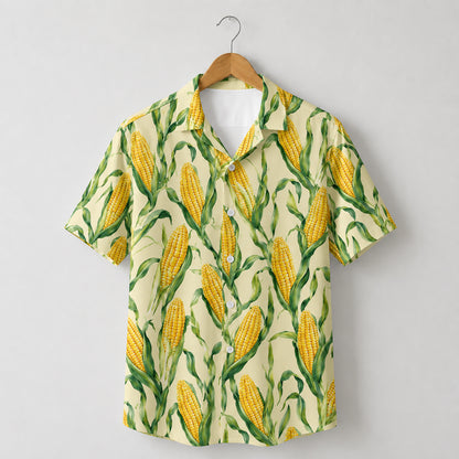 HW-538-Sweet Corn Botanical Print Satin Hawaiian Shirt Yellow Farmcore Summer Button Up