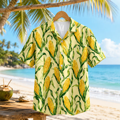HW-538-Sweet Corn Botanical Print Satin Hawaiian Shirt Yellow Farmcore Summer Button Up