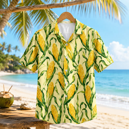 HW-538-Sweet Corn Botanical Print Satin Hawaiian Shirt Yellow Farmcore Summer Button Up
