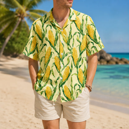 HW-538-Sweet Corn Botanical Print Satin Hawaiian Shirt Yellow Farmcore Summer Button Up