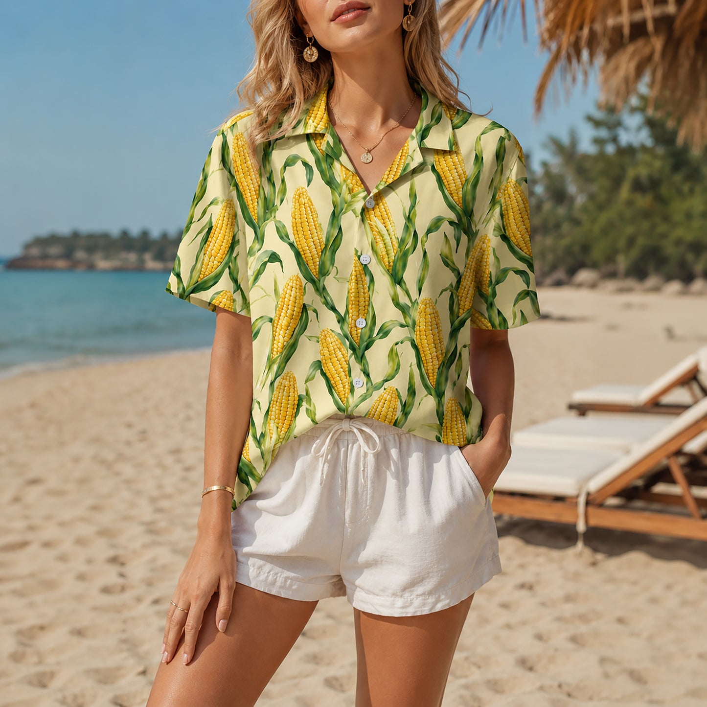 HW-538-Sweet Corn Botanical Print Satin Hawaiian Shirt Yellow Farmcore Summer Button Up