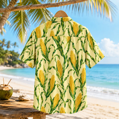 HW-538-Sweet Corn Botanical Print Satin Hawaiian Shirt Yellow Farmcore Summer Button Up