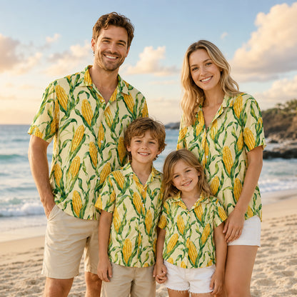 HW-538-Sweet Corn Botanical Print Satin Hawaiian Shirt Yellow Farmcore Summer Button Up