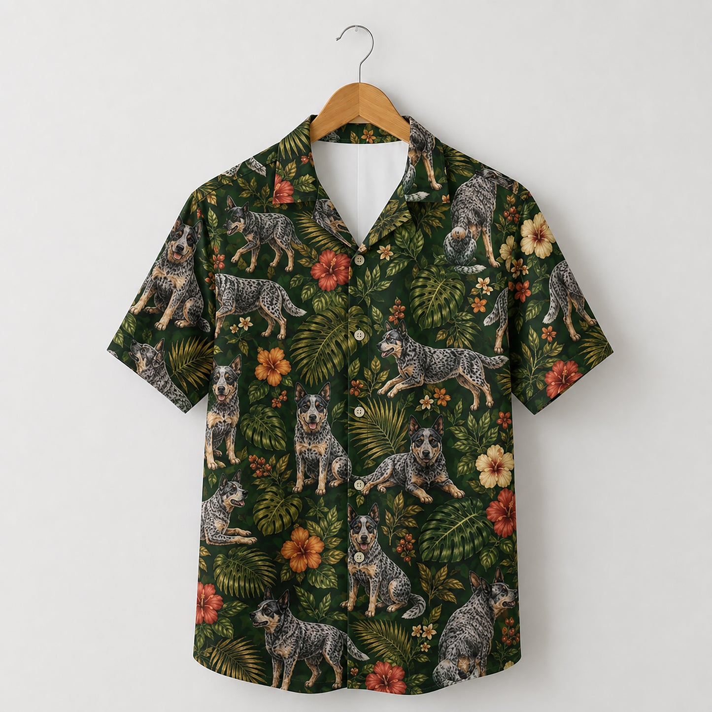 HW-539-Heeler Tropical Floral Satin Hawaiian Shirt Dark Green Jungle Dog Lover Button Up
