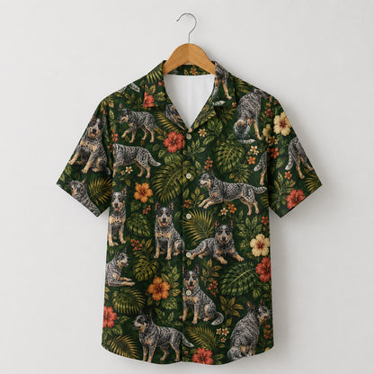 HW-539-Heeler Tropical Floral Satin Hawaiian Shirt Dark Green Jungle Dog Lover Button Up