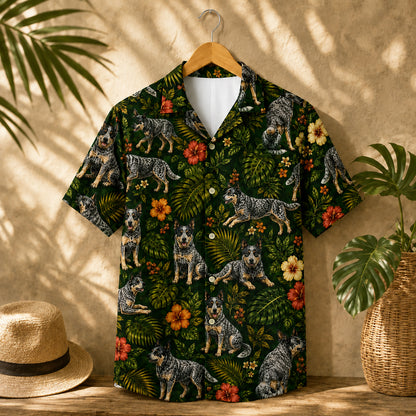 HW-539-Heeler Tropical Floral Satin Hawaiian Shirt Dark Green Jungle Dog Lover Button Up