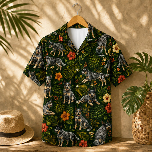 HW-539-Heeler Tropical Floral Satin Hawaiian Shirt Dark Green Jungle Dog Lover Button Up