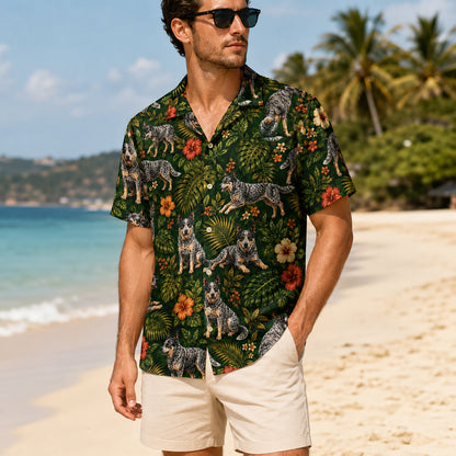 HW-539-Heeler Tropical Floral Satin Hawaiian Shirt Dark Green Jungle Dog Lover Button Up