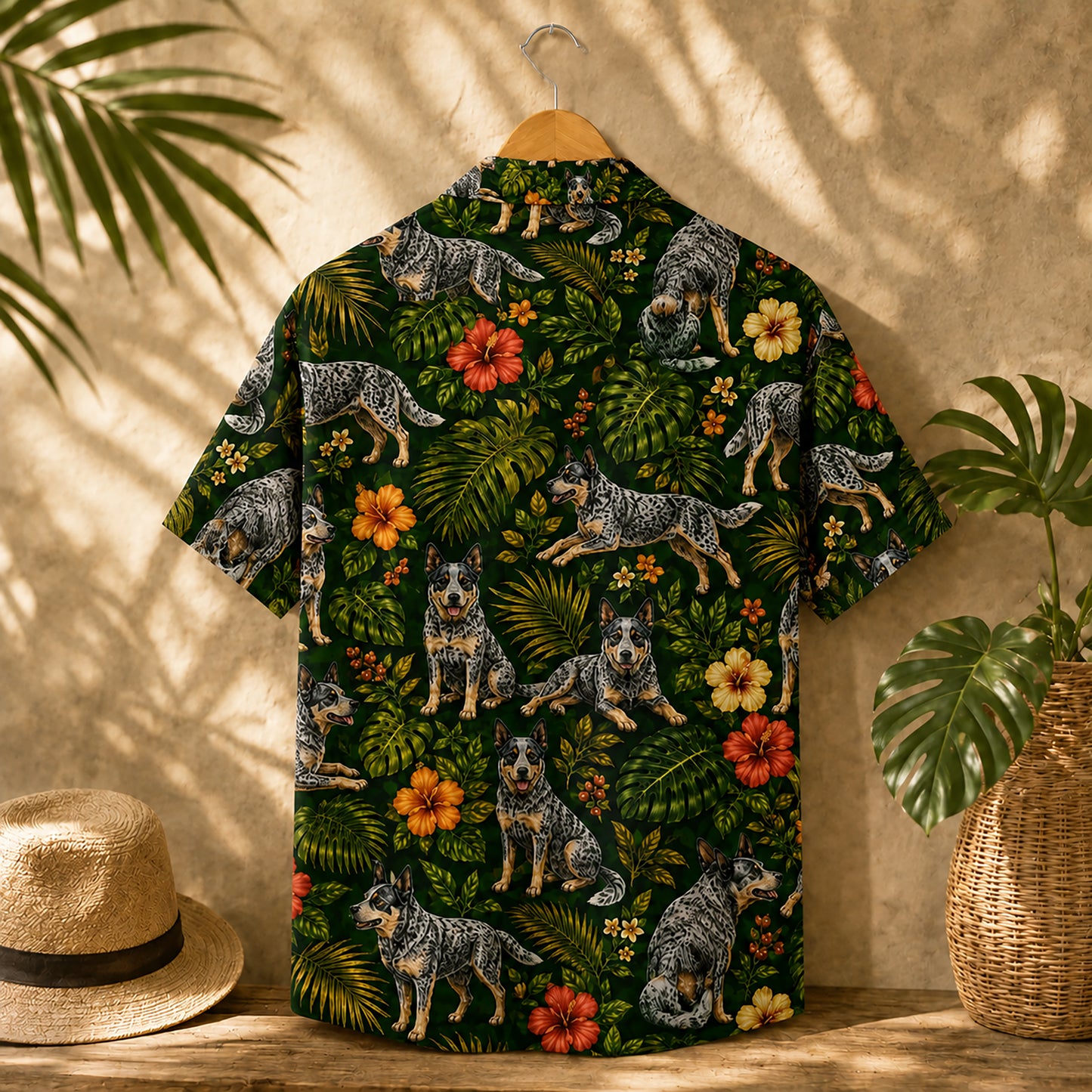 HW-539-Heeler Tropical Floral Satin Hawaiian Shirt Dark Green Jungle Dog Lover Button Up