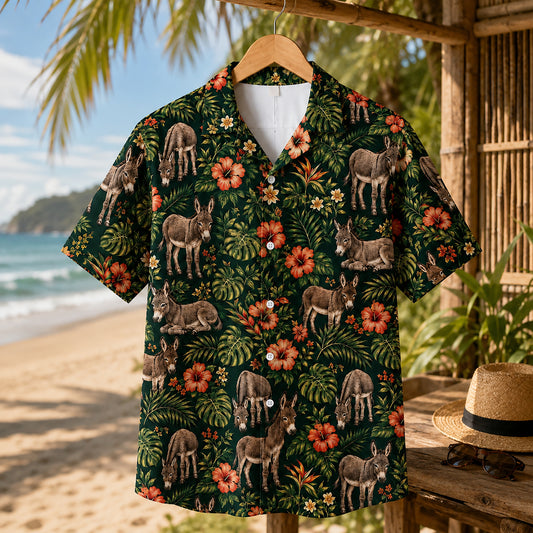 HW-540-Donkey Tropical Hibiscus Green Satin Hawaiian Shirt Botanical Floral Animal Print Vacation Button Up