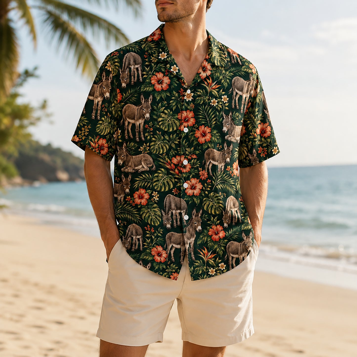 HW-540-Donkey Tropical Hibiscus Green Satin Hawaiian Shirt Botanical Floral Animal Print Vacation Button Up
