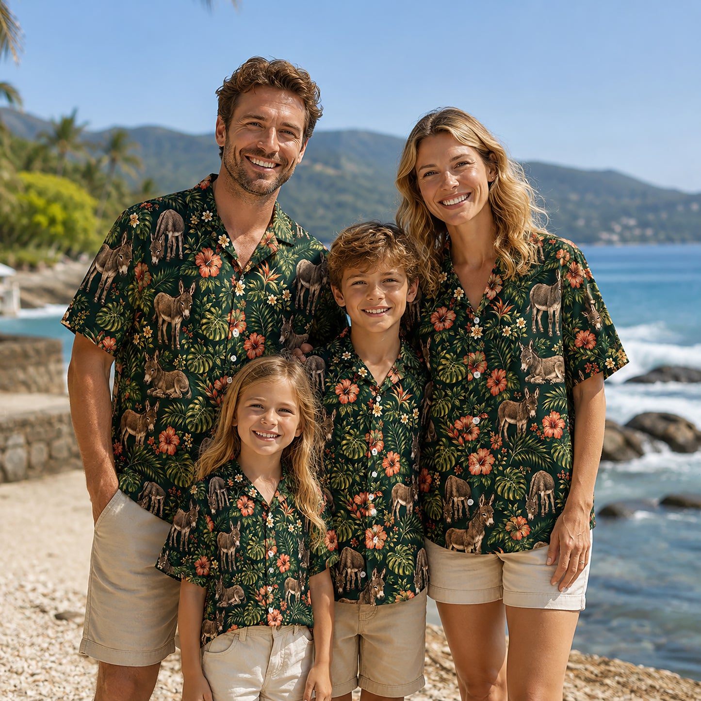HW-540-Donkey Tropical Hibiscus Green Satin Hawaiian Shirt Botanical Floral Animal Print Vacation Button Up
