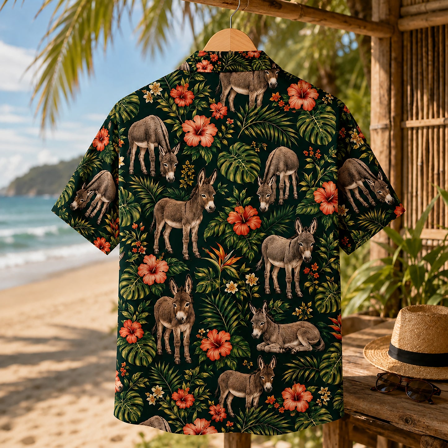 HW-540-Donkey Tropical Hibiscus Green Satin Hawaiian Shirt Botanical Floral Animal Print Vacation Button Up