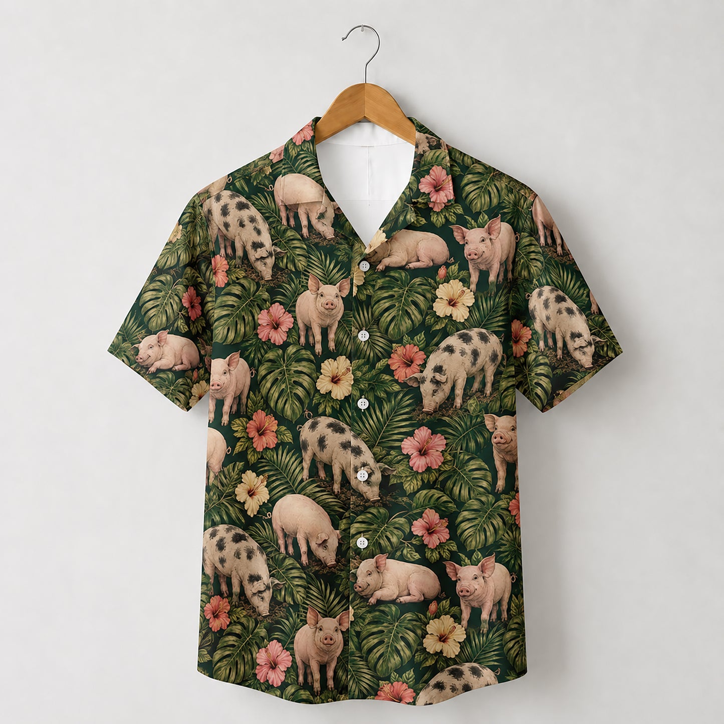 HW-541-Cattle and Wildlife Pig Pattern Hawaiian Shirt, Casual Tropical Vacation Button-Up