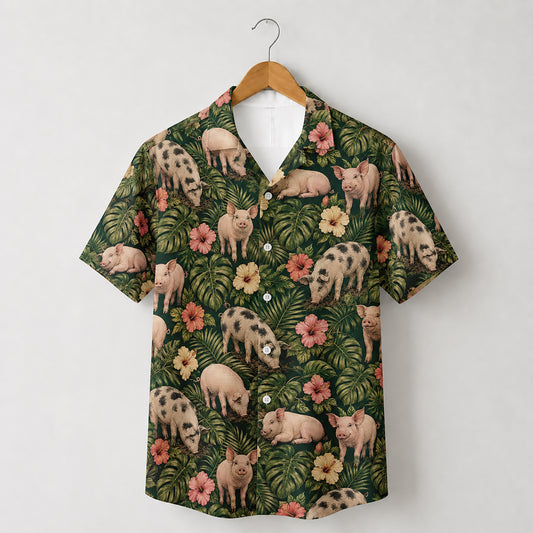 HW-541-Cattle and Wildlife Pig Pattern Hawaiian Shirt, Casual Tropical Vacation Button-Up