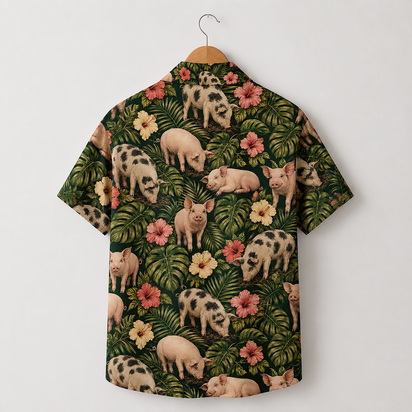 HW-541-Cattle and Wildlife Pig Pattern Hawaiian Shirt, Casual Tropical Vacation Button-Up