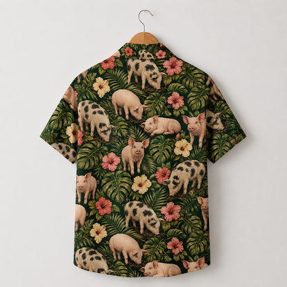 HW-541-Cattle and Wildlife Pig Pattern Hawaiian Shirt, Casual Tropical Vacation Button-Up