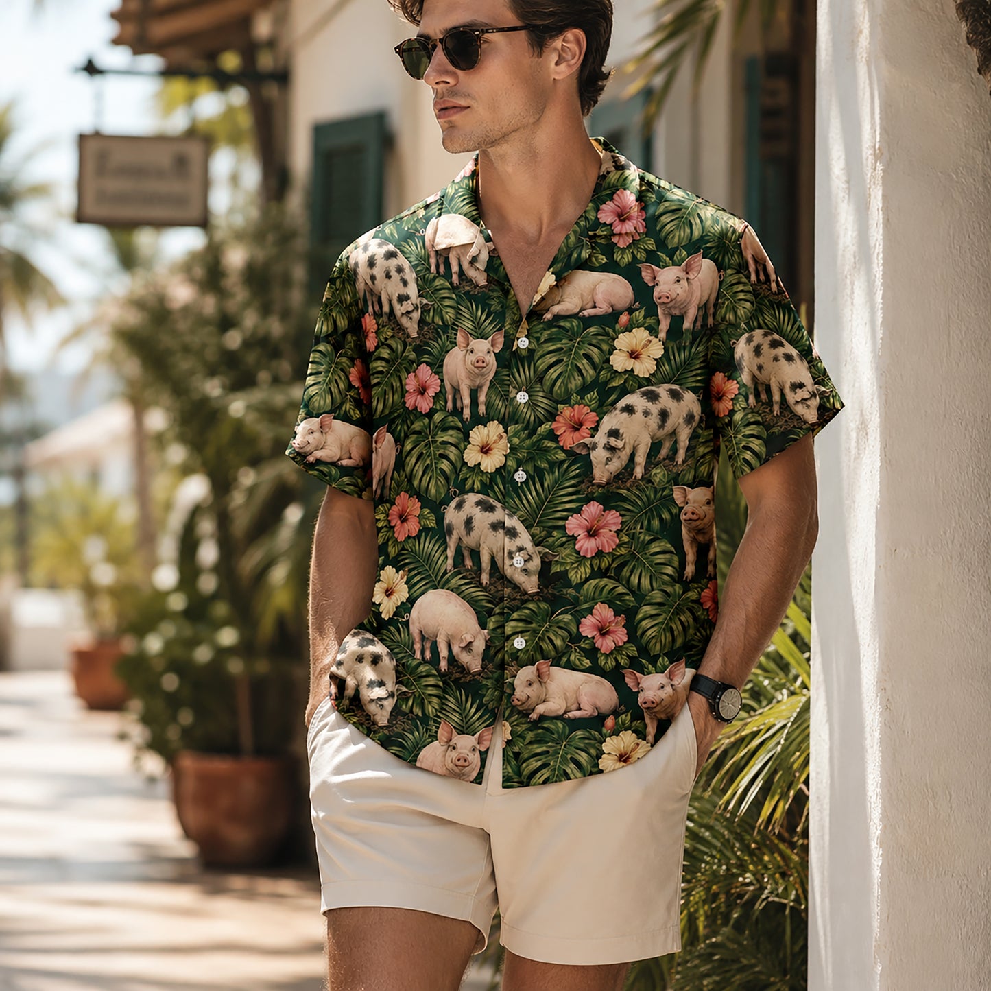 HW-541-Cattle and Wildlife Pig Pattern Hawaiian Shirt, Casual Tropical Vacation Button-Up